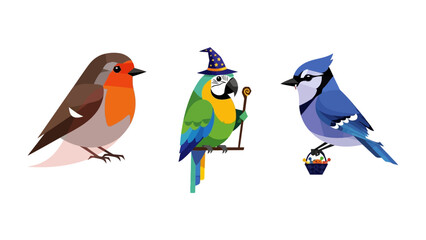 Colorful Avian Trio: A charming illustration showcases a trio of vividly rendered birds: a cheerful robin, an enchanting parrot in a wizard hat, and a proud blue jay.