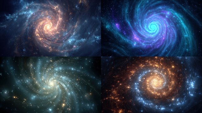 A quadriptych showcases vibrant spiral galaxies, each with unique color palettes of cosmic dust, stars, and light