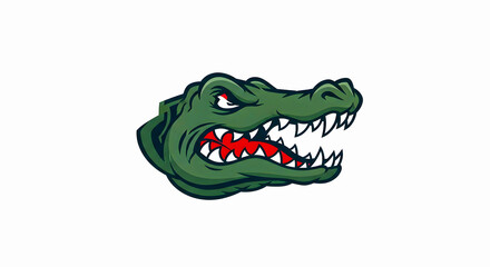 Dynamic green alligator head graphic with sharp bared teeth and intense red eyes. A fierce reptile illustration symbolizing power and aggression, ideal for mascots, sports, or bold branding