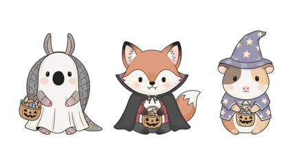 Halloween Costume Animals: A trio of adorable animal characters is transformed into a charming Halloween ensemble, each in unique costumes of ghost, fox, and wizard. Perfect for seasonal designs.