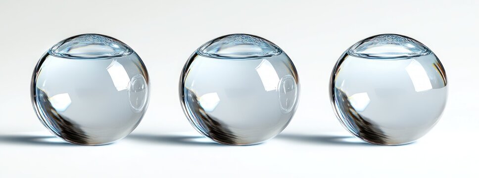 Three clear spherical water droplets on a white surface with reflections and shadows, giving a fresh and pure visual impression - Powered by Adobe