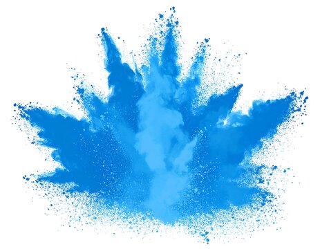 Vibrant blue powder explosion against a white background