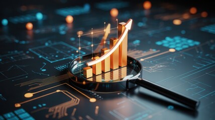 Magnifying glass reveals upward trending golden bar graph on futuristic digital circuit board, symbolizing growth and analysis