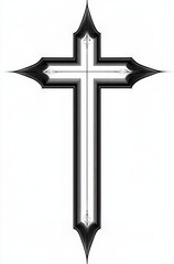 Intricate black and white symmetrical cross with sharp pointed edges and layered shading creating a three-dimensional effect on a white background