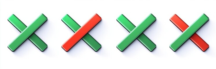Four pairs of overlapping red and green crossed bars arranged in a row on a white background, alternating color on top, representing contrast and comparison