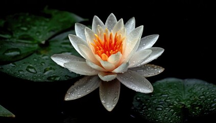 A delicate, white lotus flower, vibrant orange center, rests serenely on dark water, showcasing intricate details and glistening water droplets.