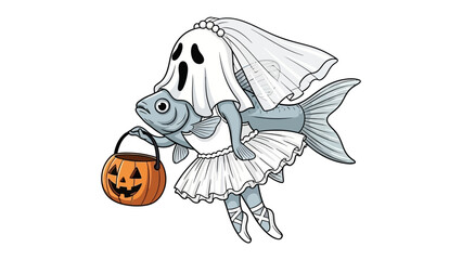 Haunted Fishy Halloween: A whimsical illustration depicts a fish in a Halloween costume, complete with a ghost, a bridal veil, and a trick-or-treat pail.