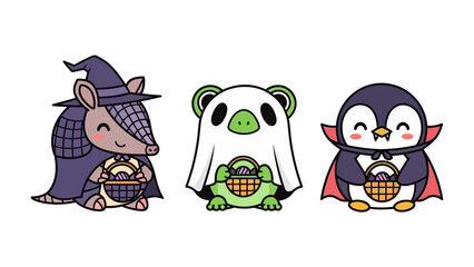 Halloween Cartoon Characters: A collection of Halloween cartoon characters, each dressed in adorable costumes and holding a basket. Perfect for holiday celebrations. 