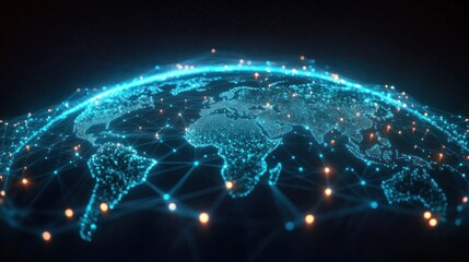 3D digital representation of Earth with illuminated continents connected by a glowing network of blue and orange nodes symbolizing global communication and data exchange