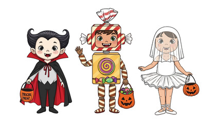 Halloween Characters: A collection of whimsical Halloween characters, each with a distinctive costume and playful demeanor, ready for a night of trick-or-treating.