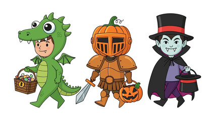 Halloween Trio: A lively collection of children in whimsical costumes, each embarking on a spirited trick-or-treat adventure. Their vibrant attire embodies the festive spirit.
