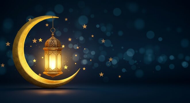 Golden crescent moon and illuminated lantern against a starry night sky