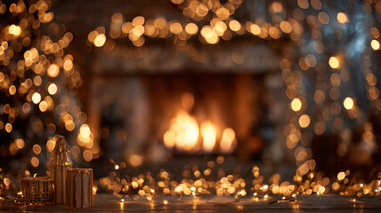 Warm Glowing Fireplace with Blurred Christmas Tree Lights and Golden Sparkles