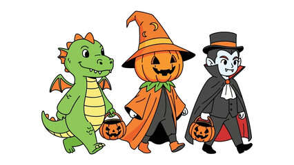Halloween Costume Parade: A friendly dragon, a jovial pumpkin, and a dapper vampire embark on a trick-or-treating adventure, dressed in their festive attire and ready for spooky fun.