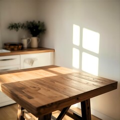 a simple, plain wooden table illuminated by sunlight from the window, creating rectangular shadows on the wall