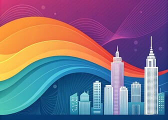 Vibrant rainbow waves flow over modern city skyline