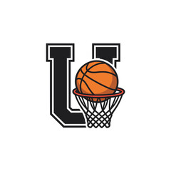 Basketball Letter U Logo with Hoop and Ball, Bold basketball logo featuring the letter U with a hoop and ball, perfect for sports branding, athletic teams, and school mascots.

