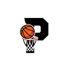Basketball Letter P Logo with Hoop and Ball, Dynamic basketball logo featuring the letter P with a hoop and ball, ideal for sports teams, athletic clubs, and branding.

