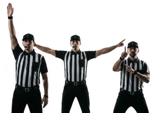 Three referees signaling a touchdown isolated on transparent background