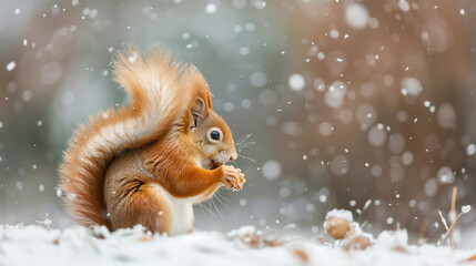 Cute orange red squirrel eats a nut in winter scene with snow, Czech republic. Wildlife scene from snowy nature. Animal behaviour in winter