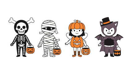Halloween Costume: A vibrant group of adorable characters ready for the night of spooky fun. This playful illustration captures the joy and spirit of trick-or-treating.