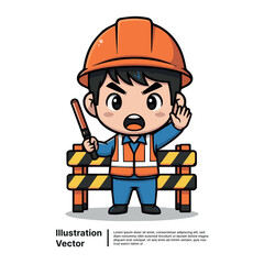Vibrant cartoon construction worker in safety gear giving a stop signal near a barrier