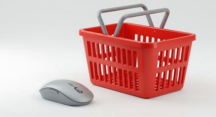 Fototapeta premium Red shopping basket and computer mouse isolated on white background, concept of online shopping, ecommerce, and digital marketing