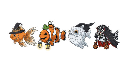 Halloween Fish Masquerade: Four whimsical fish, adorned in festive costumes, embark on an underwater Halloween masquerade.