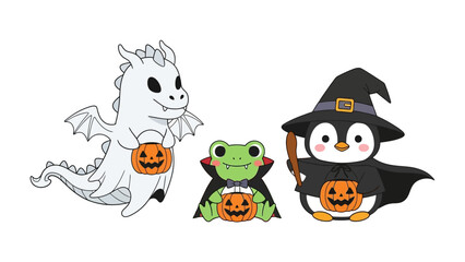 Halloween Trio: Adorable cartoon characters dressed in festive costumes ready to celebrate the Halloween spirit, ideal for children's content and holiday-themed projects.