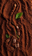 Coffee Grounds with Green Leaves and Beans