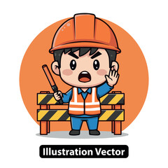 Cartoon Construction Worker Signaling Stop with Safety Wand at Barrier for Caution and Danger Alert