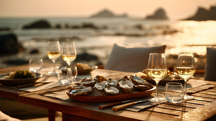 Serene Sunset Dining Experience with Fresh Oysters and Wine by the Calm Sea