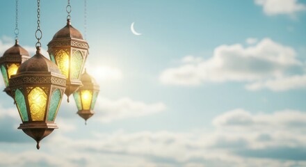 Traditional islamic lanterns illuminate the sky with a crescent moon and soft clouds evoking a sense of peace and spirituality