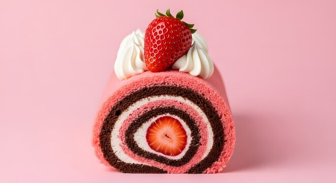 Delicious strawberry swiss roll cake tempting dessert lovers, ideal for baking promotions, confectionery campaigns, and sweet treat inspiration!