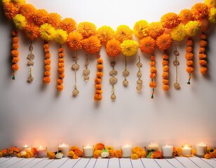 Stunning vibrant marigold garlands and warm glowing candles set a beautiful traditional Indian festive scene, ideal for celebrating Diwali and cultural events.