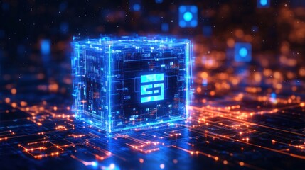 Glowing blue digital cube with circuit-like details surrounded by orange illuminated networks in a futuristic technology environment