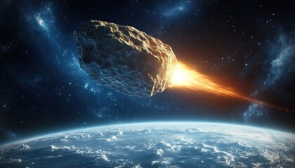 Large glowing meteor with fiery tail entering Earth's atmosphere against starry space background