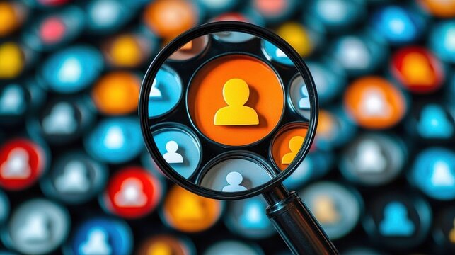 Magnifying glass focusing on an orange user icon among various colored user icons representing selection and analysis of individuals
