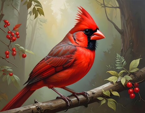Vibrant cardinal in a forest scene - Powered by Adobe