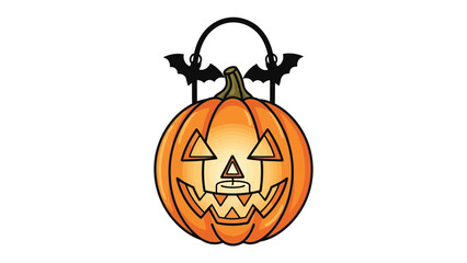 Carved Pumpkin Lantern Decoration: A vibrant illustration showcases a carved pumpkin lantern, complete with a candle, emitting a warm glow, and is adorned with bats, embodying the spirit of Halloween.