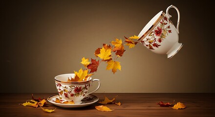 Whimsical Autumn Tea: Golden Leaves Pouring from Floating Teacup into Ornate Cup on Wooden Table