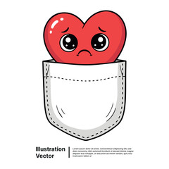 Lonely little red heart cartoon character with sad eyes peeking from an empty pocket, feeling down and isolated