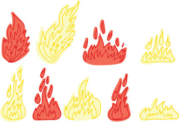 A collection of large blazing flames, painted red, yellow, drawn with red and yellow curved lines in grunge style