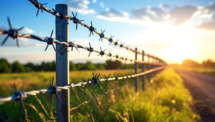 Rural scene at sunset, focusing on barbed wire fence along a dirt road