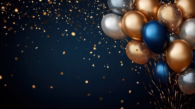 Cluster of metallic balloons in gold, silver, and dark blue colors with golden confetti floating on dark blue background celebrating a festive occasion