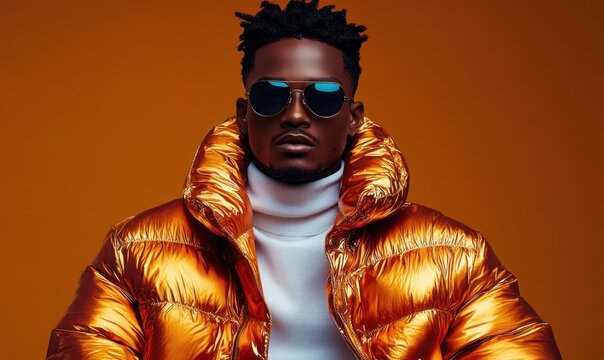 Confident young man wearing reflective sunglasses and a shiny metallic orange puffer jacket over a white turtleneck against a warm orange background