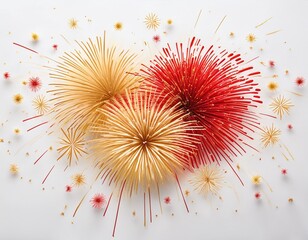Vibrant red and gold fireworks burst dynamically across a clean white background, creating an exciting festive celebration perfect for holiday designs and party invitations.