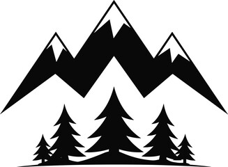 Obraz premium Black Silhouette of Mountains and Pine Trees peaks snow