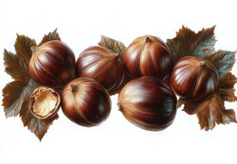 Obraz premium Close-up view of seven glossy brown chestnuts with textured brown and green leaves on white background, one chestnut partially cracked open showing interior