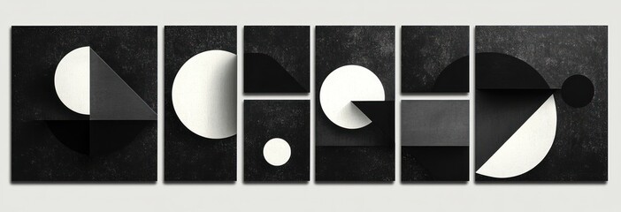 Abstract black and white geometric composition with various circles, semicircles, squares, rectangles, and triangles creating contrasting shapes and shadows across seven panels